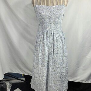 H&M White w/Blue Floral Print Removable Spaghetti Strap Smocked Top Dress Large